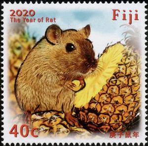 Stamp, Year of the Rat 2020, Fiji,  , Animals (Fauna), Chinese New Year, Chinese Zodiac, Fruits, Mammals, Rats, Zodiac