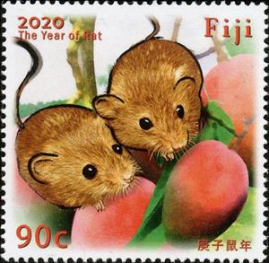 Stamp, Year of the Rat 2020, Fiji,  , Animals (Fauna), Chinese New Year, Chinese Zodiac, Fruits, Mammals, Rats, Zodiac