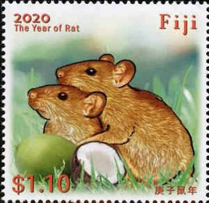 Stamp, Year of the Rat 2020, Fiji,  , Animals (Fauna), Chinese New Year, Chinese Zodiac, Fruits, Mammals, Rats, Zodiac