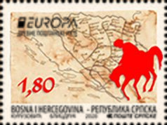 Stamp, Map and Postrider, Bosnia and Herzegovina, Serbian Administration,  , C.E.P.T. / Europe, Equestrianism and horse riding, Maps, Postal Traffic
