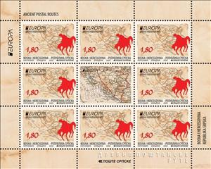 Mini Sheet, Map and Postrider, Bosnia and Herzegovina, Serbian Administration,  , C.E.P.T. / Europe, Equestrianism and horse riding, Maps, Postal History, Postal Traffic