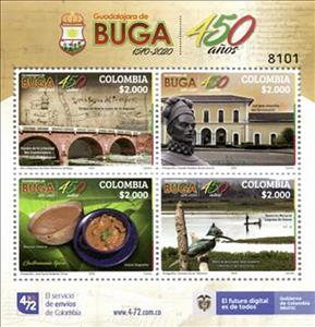 Mini Sheet, 450th Anniversary of Guadalajara de Buga, Colombia,  , Architecture, Bridges, Gastronomy, Landscapes, Maps, Rivers, Statues