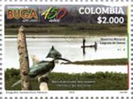 Stamp, Sonso Lagoon and Bird, Colombia,  , Animals (Fauna), Birds, Landscapes, Rivers