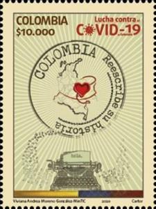 Stamp, Fight Against COVID-19 : Colombia Rewrites Its History, Colombia,  , Diseases, Flags, Maps, Typewriters