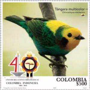 Stamp, Multicoloured Tanager (Chlorochrysa nitidissima), Colombia,  , Animals (Fauna), Birds, Diplomacy, Joint Issues