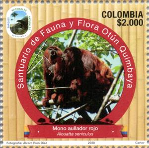 Stamp, Colombian Red Howler Monkey (Alouatta seniculus), Colombia,  , Monkeys, National Parks