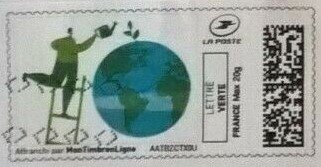 Stamp, Green Man on a Ladder Watering the Earth, Personalized and Private Mail Stamps,  , Environment Protection, Globes, Planets