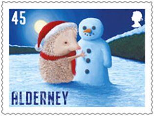 Stamp, Hedgehog Building Snowman, Alderney,  , Christmas, Hedgehogs, Snowmen