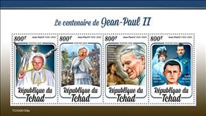Mini Sheet, 100th Anniversary of the Birth of Pope John Paul II, Chad,  , Clergy, Famous People, Popes, Religion