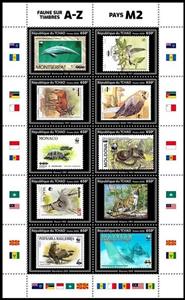 Mini Sheet, Fauna on Stamps, Chad,  , Animals (Fauna), Antelopes, Birds, Dolphins, Parrots, Turtles