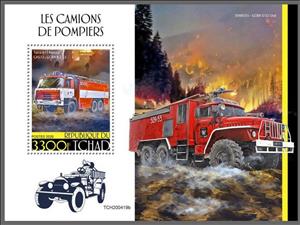 Souvenir Sheet, Tatra 815 Karosa, Chad,  , Cars, Fire-brigade, Trucks, Vehicles