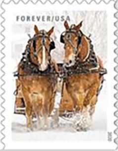 Stamp, Horses Pulling Sleigh, United States of America,  , Animals (Fauna), Horses, Mammals