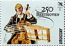 Stamp, Ludwig van Beethoven, Composer, 250th Anniversary of Birth, Uruguay,  , Composers, Famous People, Musical Instruments, Musicians